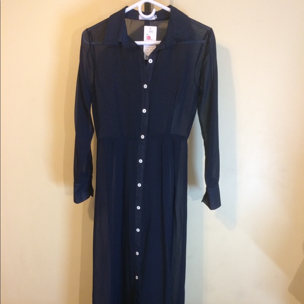 Women’s Navy Blue Maxi Sheer Dress Front Pockets S